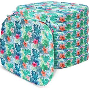 Set of 12 Tropical Flower Outdoor Chair Cushions 17" x 16" x 2" Waterproof Patio Chair Cushions Replacement Indoor Outdoor Seat Cushions with Removable Cover Ties for Garden Patio Furniture