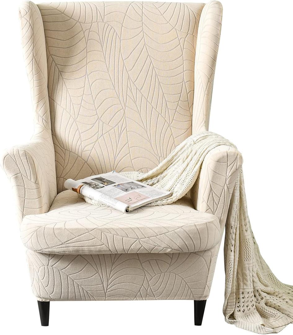 MIFXIN Wingback Chair Slipcover 2 Piece Stretch Wing Back Chair Cover with Cushion Cover Soft Washable Armchair Furniture Protector for Living Room Bedroom (Jacquard Beige)