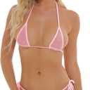 Oneheekini Women Hot See Through Micro Thong Bikini Triangle Halter Bathing Swimsuits (Pink)