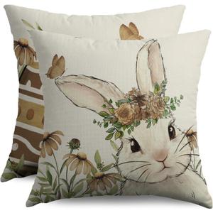Spring Easter Pillow Covers 18X18 Set of 2, Bunny Rabbit Brown Floral Butterfly Easter Egg Holiday Decorative Throw Pillowcases Vintage Seasonal Outdoor Farmhouse Cushion Cases Couch Sofa Bed Decor