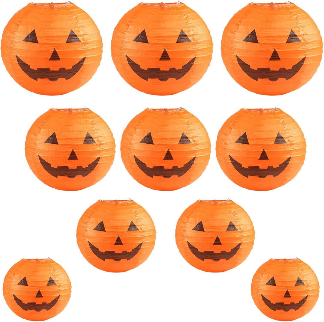 Kesoto Halloween Jack-O-Lantern Paper Lanterns Halloween Pumpkin Hanging Paper Lantern for Home Outdoor Decoration, Multi-Sized, Pack of 10