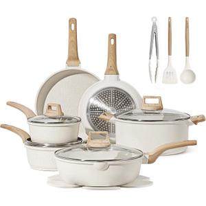 CAROTE 16 Piece Pots and Pans Set Nonstick, White Granite Cookware Sets Induction Cookware, Non Stick Cooking Set w/Frying Pans & Saucepans (PFOS, PFOA Free) (Cream White)