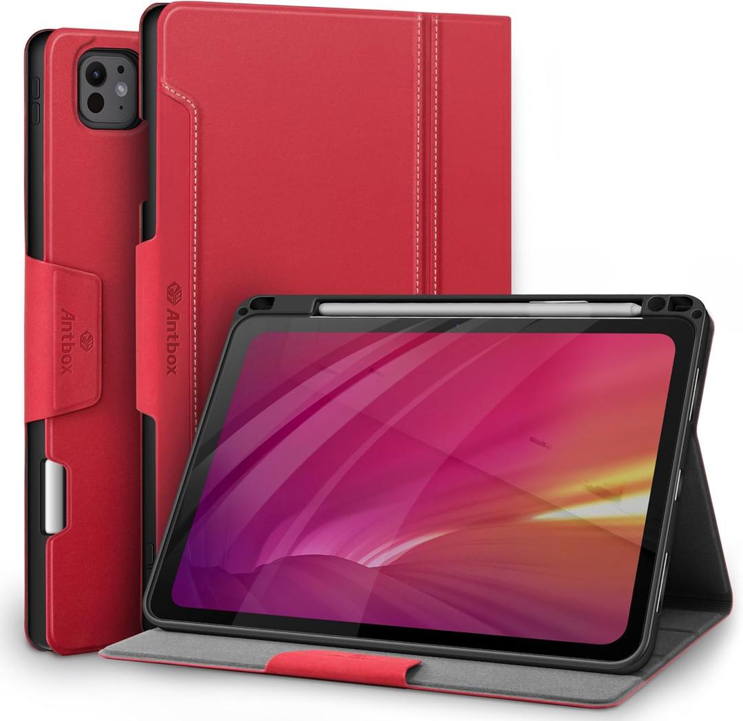 Antbox for iPad Pro 11 Inch Case M5 2025/M4 2024, Built-in Pencil Holder, Fully Supports Pencil Pro/USB-C, Auto Sleep/Wake Function Vegan Leather (Red)