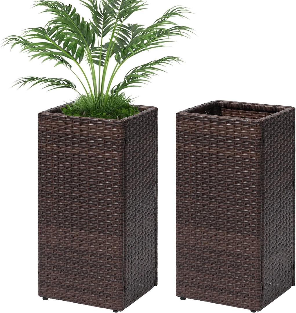 LEWIS&WAYNE Set of 2 Tall Planters for Outdoor Plants Handmade 24'' Wicker Tall Square Planter Box with Removable Liners Modern Planter for Indoor Outdoor Garden Patio Front Porch - Brown, 12 inches x 12 inches x 24 inches