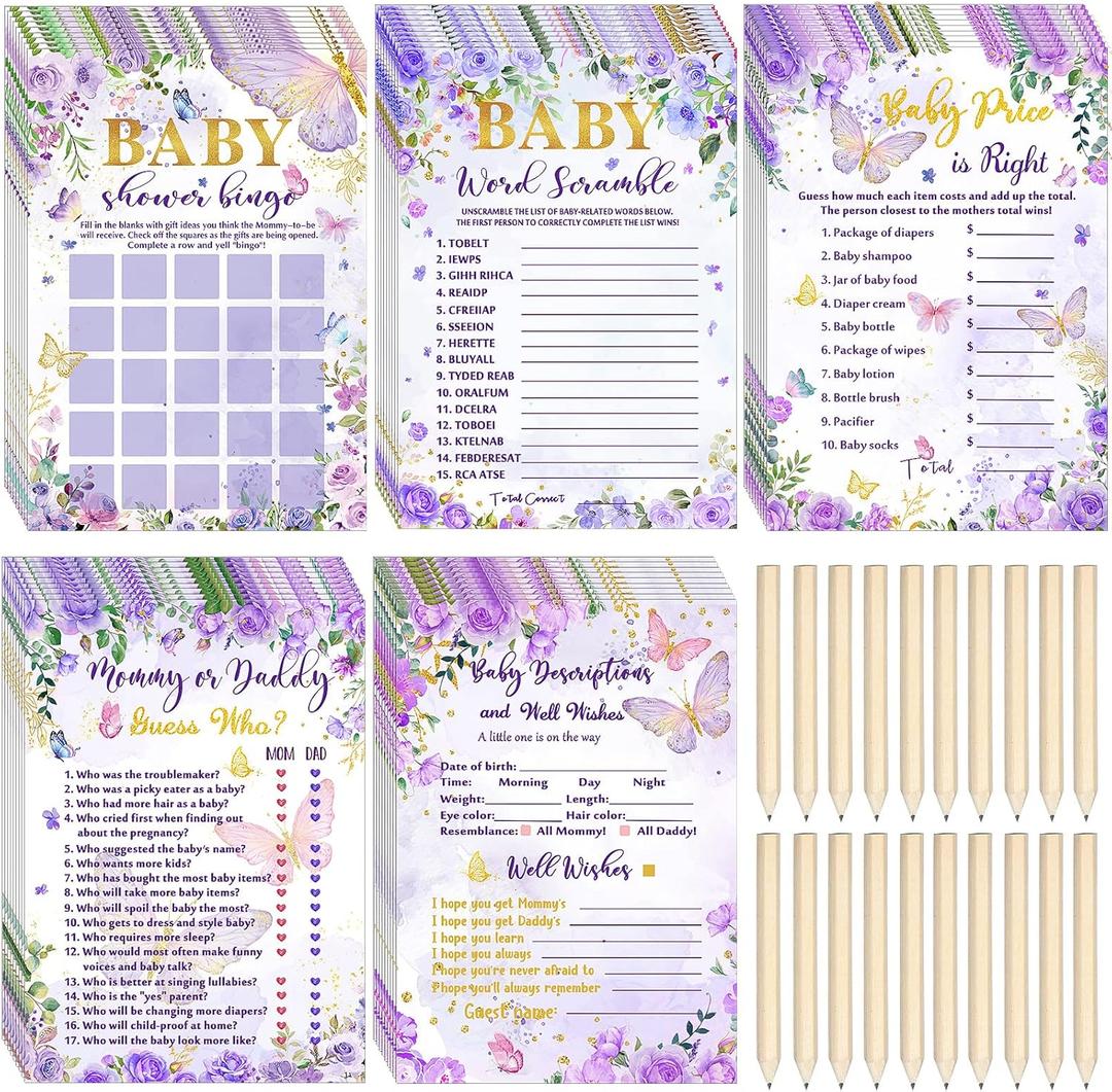 Nuanchu 145 Pcs Butterfly Theme Baby Shower Games 25 Sheets Each with 20 Pencils, Baby Shower Bingo, Guess Who, Word Scramble, Descriptions and Wishes Games for Party Decoration