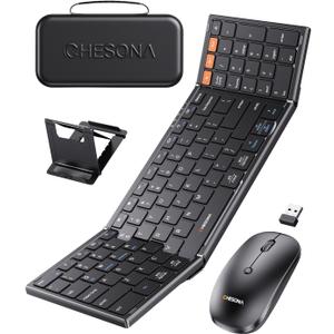 CHESONA Foldable Keyboard and Mouse Combo - Ultra Slim 600g with 2.4G+Dual Bluetooth Compact Wireless Folding Keyboard with Stand - Portable for Business/Travel with Case - Win/Mac/iOS/Android - Black
