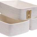 MiniArk Large Shallow Organizing Baskets 15x11x5.1 Inches - Rope Woven Storage Bins for Bathroom, Shelves, Cube Closet, Off White 3 Packs