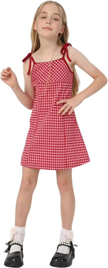 ORQUWEH Girl's Summer Dress, Mini Checkered Dress Sleeveless for Girl 8-9 Years, Gingham Sling Strap Princess Short Sundress Beach Casual Vacation, Red, 130