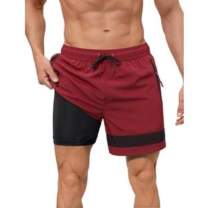 SILKWORLD Mens Swim Trunks with Compression Liner Quick Dry 6 in Bathing Suit Summer Swim Shorts with Zipper Pockets, Red, XXL