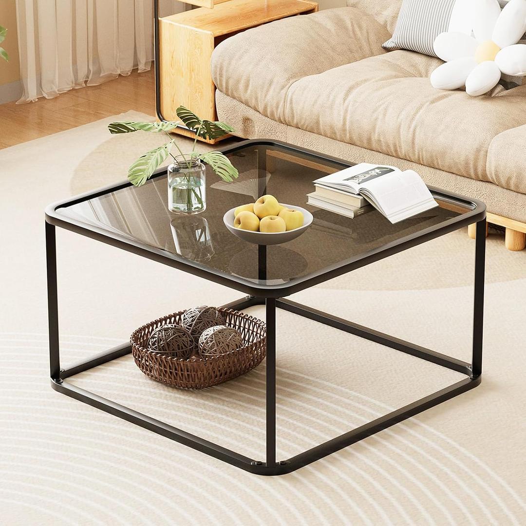 Coffee Table Glass, Minimalist Square Tables for Living Room, Modern Center Table for Office or Small Space, Sturdy Metal Frame, Easy Assembly, 26.4 x 26.4 x 15.7 Inches, Black & Grey Glass, 26.38 x 26.38 x 15.75 inches