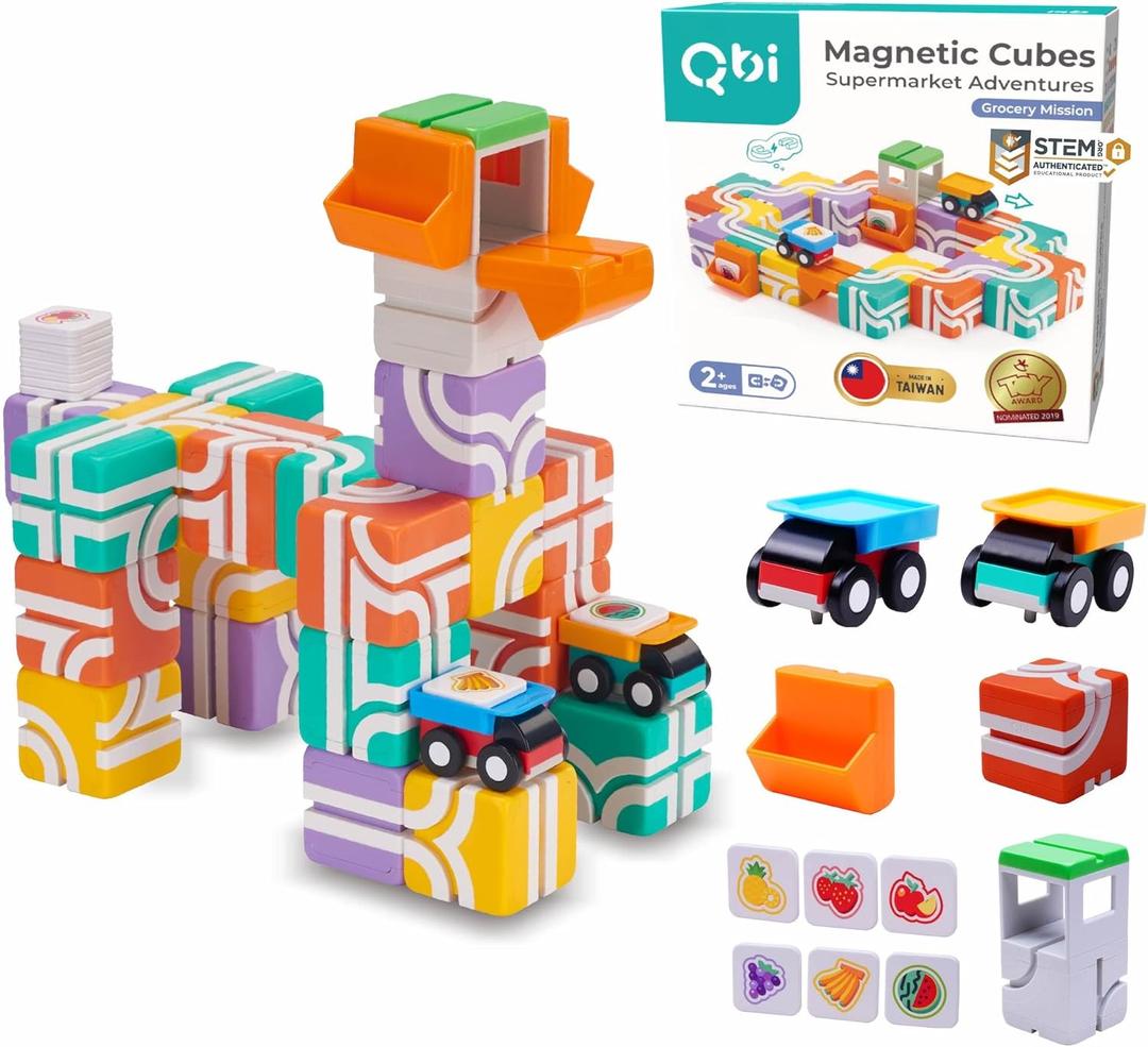 QBI Magnetic Blocks for Toddlers Ages 2-4STEM Magnetic Building Blocks with Trucks & Fruit TilesMontessori Magnet Building Cubes for KidsEducational Gifts for Boys & Girls Ages 2+ (32PCS)