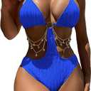 OYOANGLE Women's Ring Linked Cut Out One Piece Swimsuits Textured Tie Backless Halter Bathing Suit Monokini (Blue)