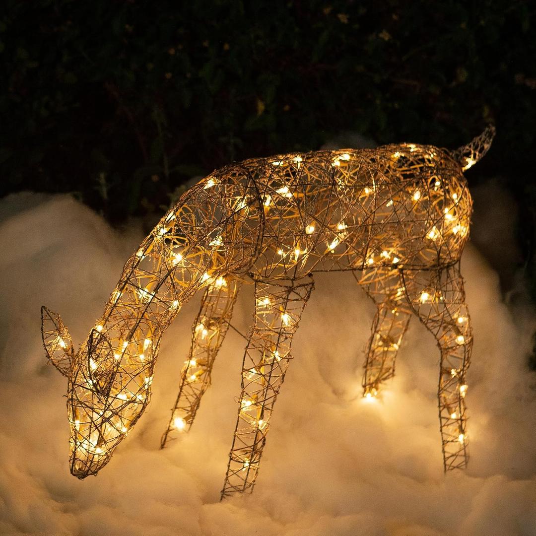 Alpine Corporation Grazing Rattan Reindeer Decoration with Warm White Lights, Christmas Decoration (Brown)