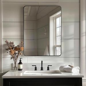 ANDY STAR Black Bathroom Mirrors for Over Sink, 24x32 Inch Matte Black Mirror for Bathroom, Rectangle Metal Vanity Mirror for Wall-Modern Clean Design with Superior Stainless Steel Frame