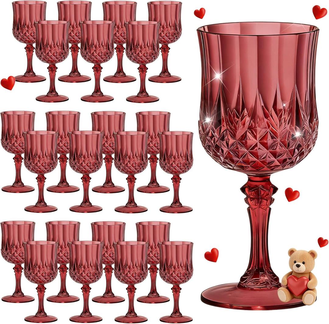 7OZ Plastic Wine Glasses, Reusable Vintage Goblets Unbreakable Drinking Glasses Crystal Water Cups Champagne for Wedding, Parties, Mother's Day (24, Burgundy)