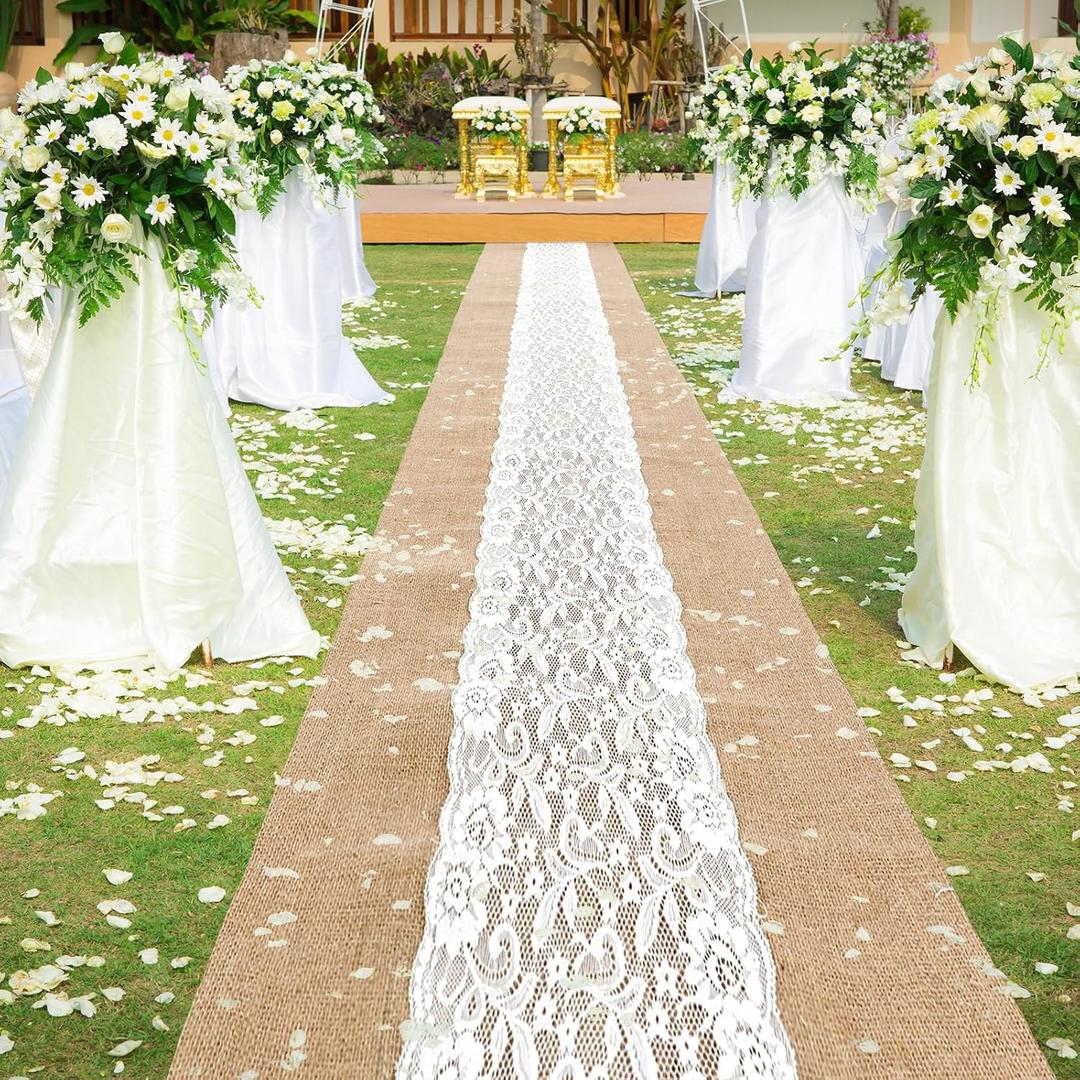 Preboun 3ft x 20 ft Natural Burlap Wedding Runner Aisle Outdoor for Wedding Ceremony Wide Aisle Runner with Lace Jute Rustic Burlap Decorations Outdoor Beach Garden Church