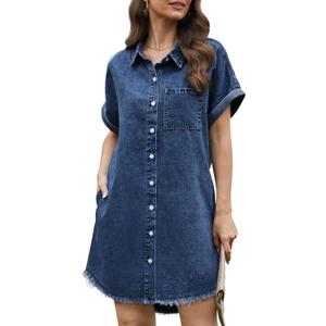 Denim Dress for Women Midi Jean Shirt Dresses Button Down Short Sleeve Summer Womens Jeans Babydoll Pockets (Small, Navy Blue)