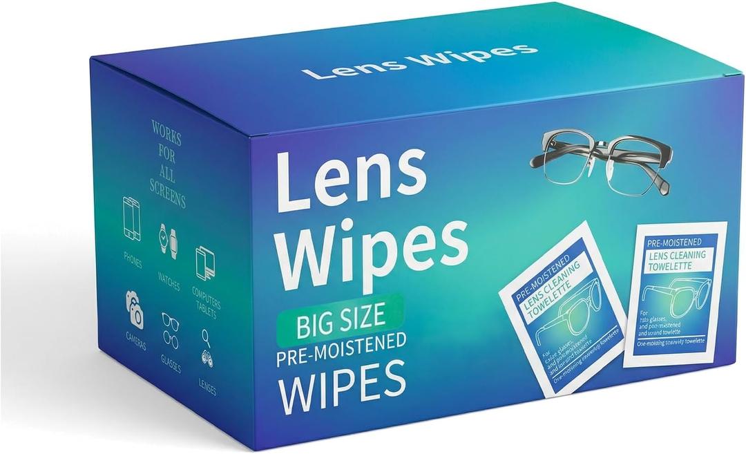 Big Size Lens Wipes - 120 Individually Wrapped Large Towelettes | Deep Clean Pre-Moistened Eyeglass Cleaner for Sunglasses, Camera Lenses, Monitors & Screens