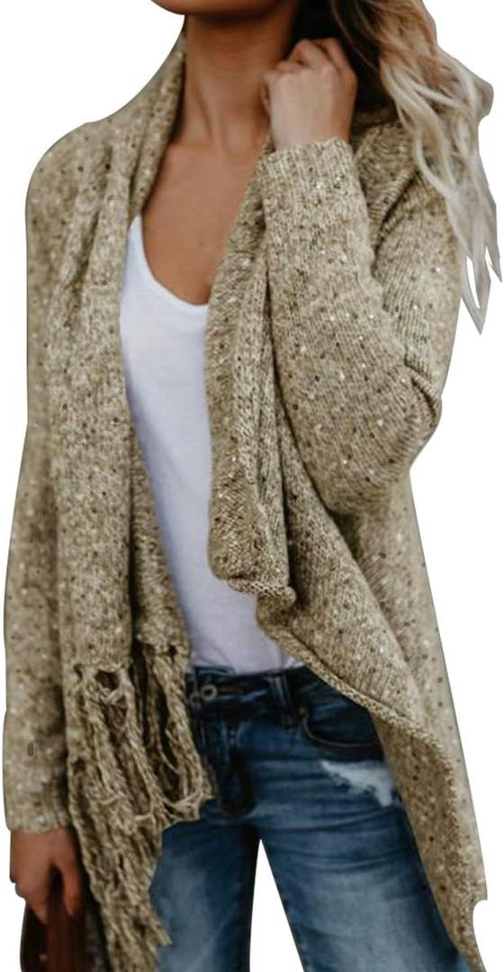 CEASIKERY Women's Tassel Hem Sweater Long Cardigan Knitwer Pullover Poncho Coat (Gold, XL)