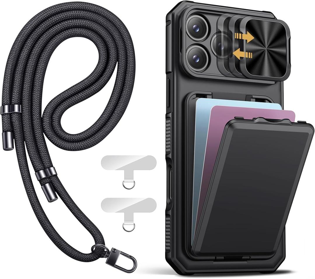 SSLOTSCASE for iPhone 17 Pro Case with Phone Lanyard Crossbody (2X Phone Tabs), Card Holder & Kickstand & Slide Camera Lens Cover & Camera Stand, Rugged Durable Case Cover for iPhone 17 Pro 5G, Black