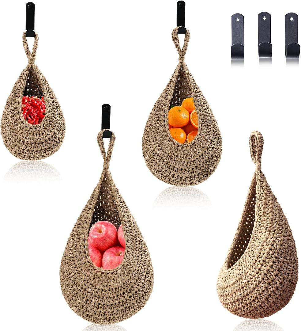 Hanging Fruit Basket Set of 3, Boho Wall Hanging Storage Jute Basket for Organizing & Decor, Handmade Teardrop Hammock Holder for Onion Fruit Vegetable in Home & Restaurant Kitchen with Hooks (Linen)