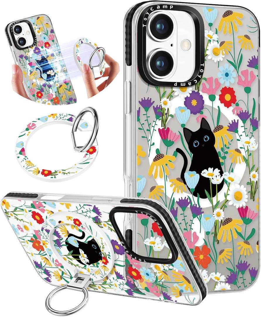 Toycamp for iPhone 16 Plus Case Compatible with Magsafe - Cute Design 360 Magnetic Ring Holder Stand Kickstand Funny Cat in Flower Girly Pretty Fashion TPU Phone Covers for Women Tenn Girls