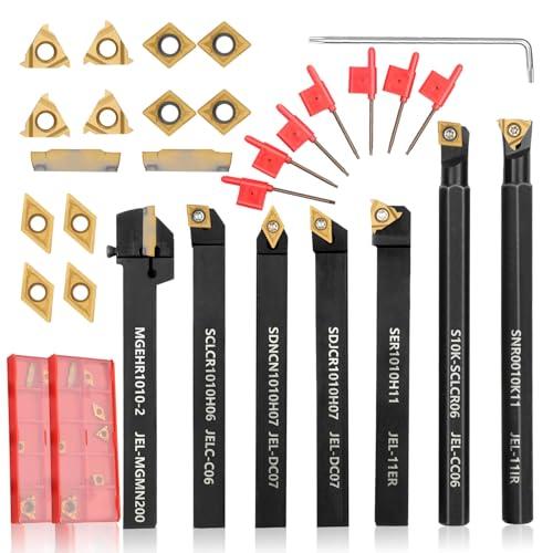 Indexable Lathe Turning Tool 21Pcs Kit 3/8'' 10mm Shank 7Pcs Metal Lathe Tools Holder Set with 14Pcs Turning Inserts for Turning Grooving Threading Boring Carbide Inserts Carbide Turning Tool