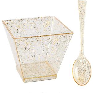 I00000 100 Pack Small Plastic Dessert Cups with Mini Spoons Gold Glitter, Premium Quality, Includes 100 Pieces Small Disposable Square Cups 2 Oz and 100 Pieces Gold Mini Spoons