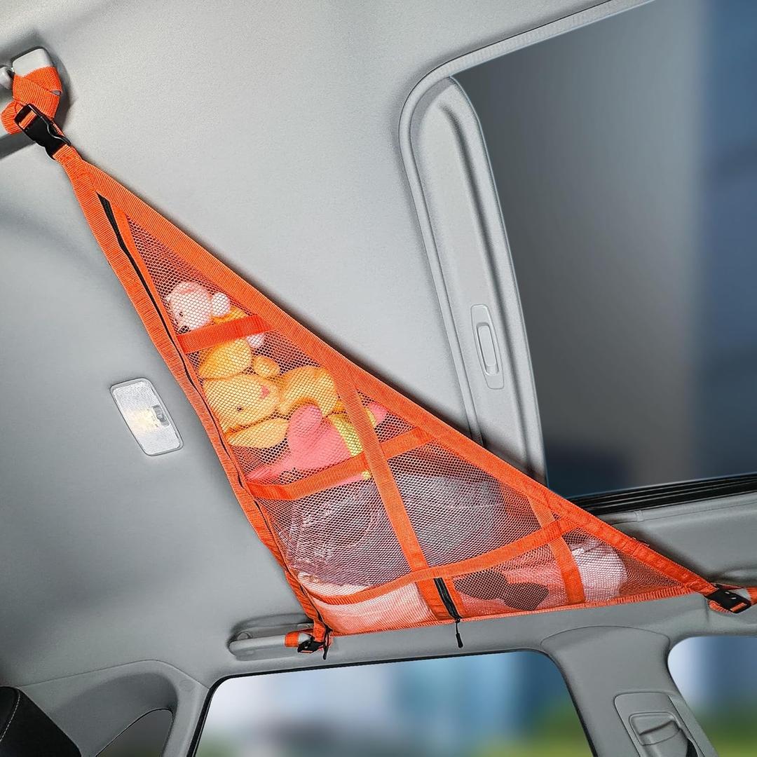 3 Handles Car Ceiling Cargo Net for Inside Car Roof,Interior Mesh Storage,Truck SUV Travel Long Road Trip Camping Interior Accessories 35.4"x25.6",Orange