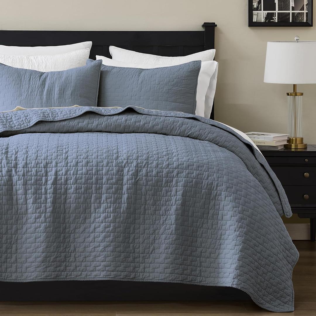 palassio Blue Grey 100% Cotton Quilt King Size Bedding Sets with 2 Pillow Shams, Textured Lightweight Soft Bedspread Shabby Chic Coverlet, Quilted Comforter Bed Cover for All Season, 3 Pieces