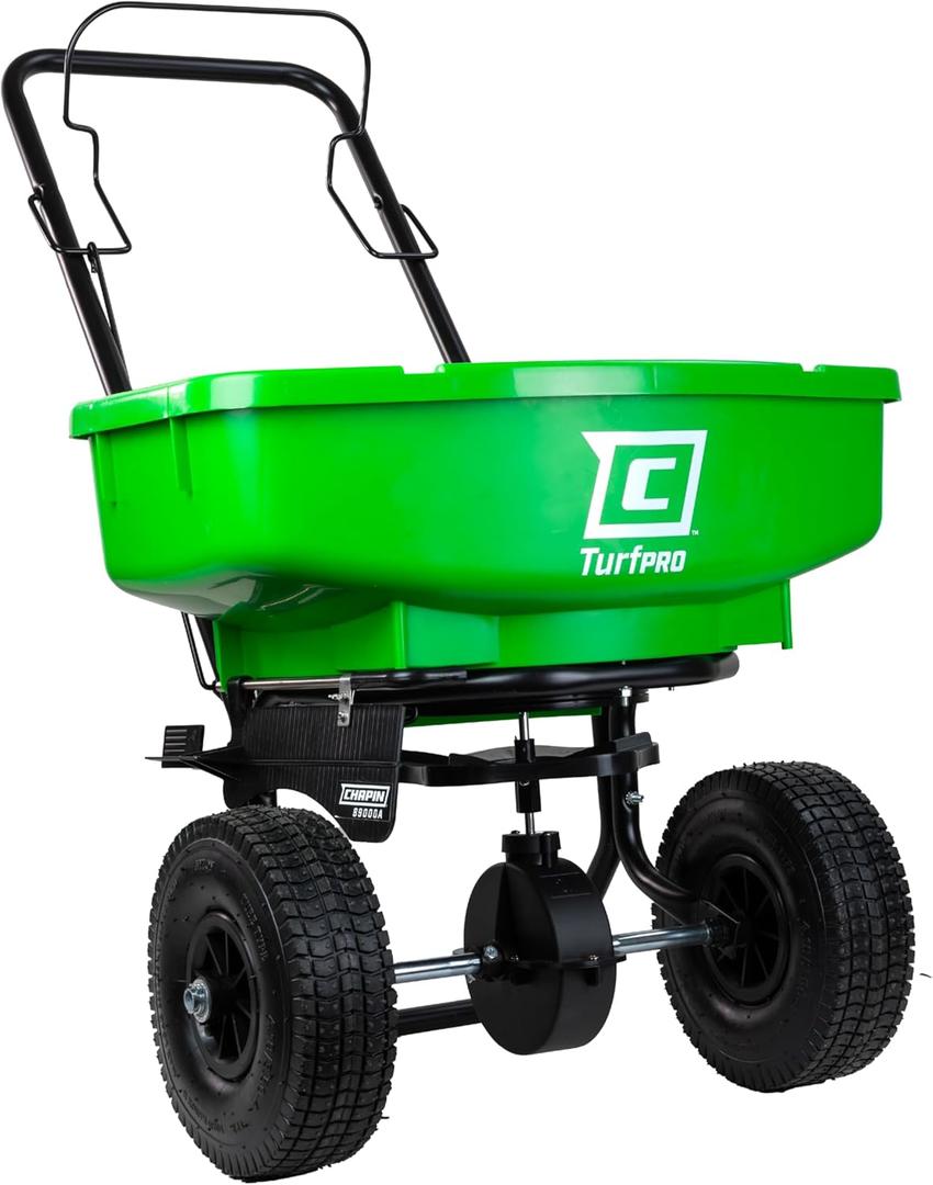 Chapin 89000A Spreader, Lawn and Garden, 80Lbs, TurfPro, Broadcast, Push, Walk Behind, 10" Tires, Weather-Proof, Poly Hopper, Pull-Bar Lever with 15 Setting Gate, Spreads Fertilizer and Seeds