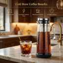 BrewMOO- Airtight Cold Brew Coffee Maker Pitcher, 1.4L/48Oz Thick Glass Carafe with Filter, Comfort Sturdy Handle & Wide Spout, Non-Slip Base | Iced Tea Maker (Black)