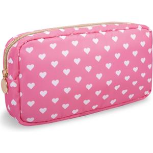 Nylon Small Makeup Bag for Purse, Cute Makeup Bag Preppy Cosmetic Zipper Pouch Purse, Waterproof Portable Travel Toiletry Bag Clutch Makeup Brush Bag Organizer Storage for Women Men Girls(Pink Heart)