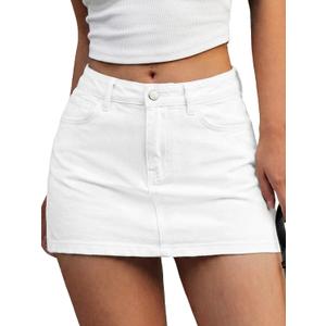 ELLEVEN Denim Mini Skirt for Women, High Stretch Low Waist Jean Skirt with Shorts Underneath Sexy Bodycon Casual Micro Skort (White, M)