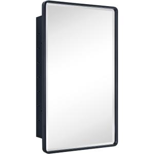 TEHOME Farmhouse Matt Black Recessed Bathroom Medicine Cabinet with Mirror Rounded Rectangle Metal Framed Medicine Cabinet with Beveled Mirror 20x30''