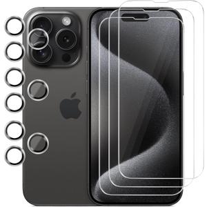 3 Pack Screen Protector for iPhone 15 pro with 3 Pack Camera Lens Protector, HD Tempered Glass, 9H Hardness, Full Coverage, Scratch-Resistant, Waterproof, Bubble-Free 3 Pack Screen Protector for iPhone 15 pro with 3 Pack Camera Lens Protector, HD Tempered Glass, 9H Hardness, Full Coverage, Scratch-Resistant, Waterproof, Bubble-Free