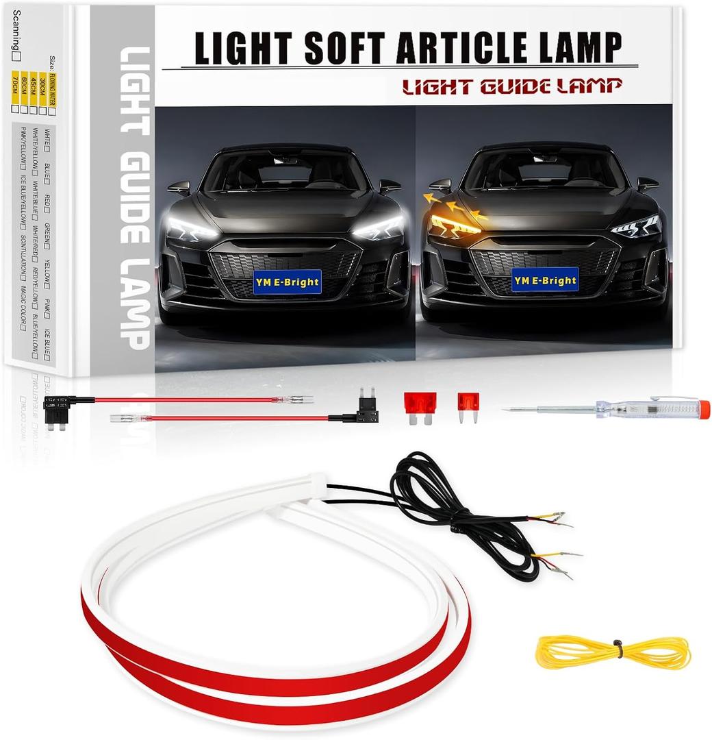 YM E-Bright Sequential Turn Signal Blinker Indicator Led DRL Strip Light for Cars Motorcycle Flexible Exterior Daytime Running Light Strip Kit Dual Color White Amber Flowing Switchback 24inch/60CM