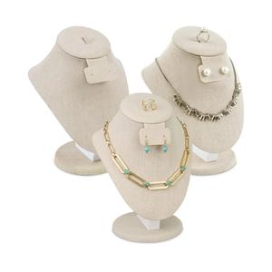 MOOCA 3 Pcs Set Tan Linen Combination Display Jewelry Stand Bust for Necklaces, Earrings, Rings, Jewelry Display For Vendors