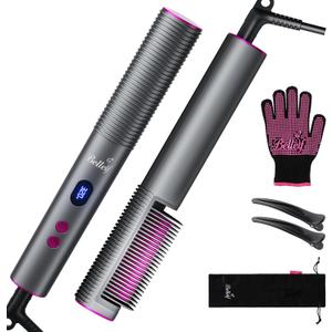 Hair Straightener Brush, 9 Temp Settings with LED Display, 30s Fast Heating for Sleek & Smooth Hair, Dual Voltage Travel Hot Comb with 3D Brush Teeth, Portable Hair Styling Tool for Women (Black)
