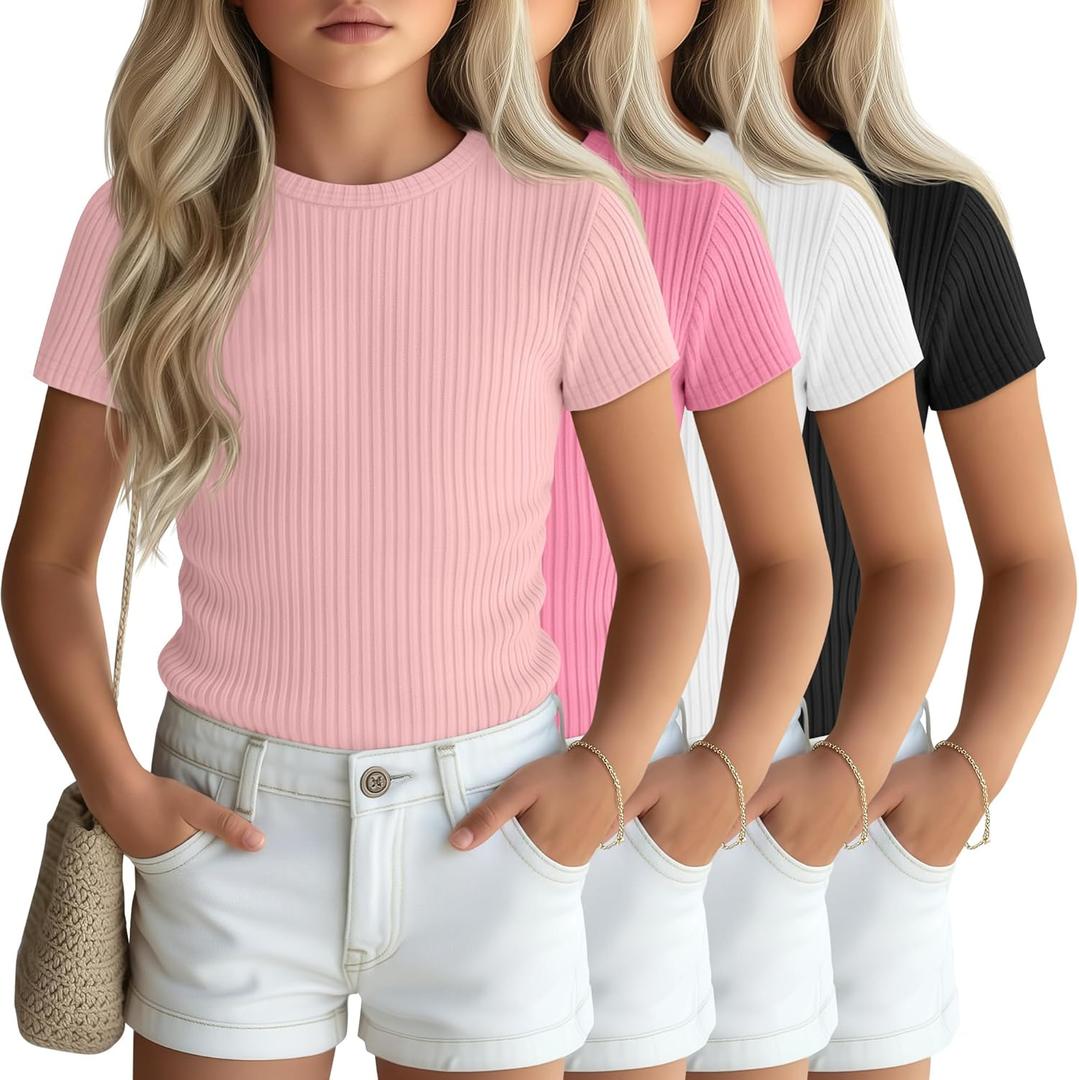 4 Pcs Girls Shirts Short Sleeve Ribbed Knit Tops Crew Neck Slim Basic Tees Solid Casual Cute T Shirts (13-14 Years, Black, White, Peach Pink, Light Pink)