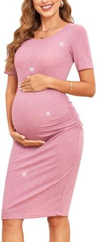 AISWI Women's Sparkly Maternity Ruched Side Bodycon Mini Dress Short Sleeves Pregnancy Dress Baby Shower Photoshoot Medium