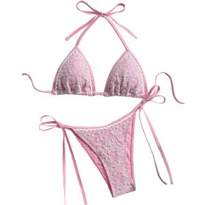 GORGLITTER Women's Flower Triangle Halter Bikini Set High Waisted String Swimsuit Summer Bathing Suit 2 Piece Swim Wear Pink Medium (Pink, M)