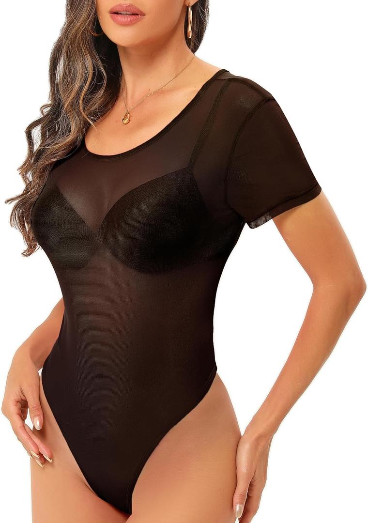 Women's Mesh Bodysuit Short Sleeve Top Crew Neck Sheer T Shirt Body Suit Leotard Blouse, Black, Size 2XL)