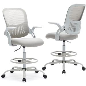 DUMOS Drafting Chair for Standing Desk, Flip-up Arms, Counter Height Adjustable, Ergonomic Mid Back Mesh Rolling Work 360Swivel Home Office Computer Chairs with Wheels, Grey