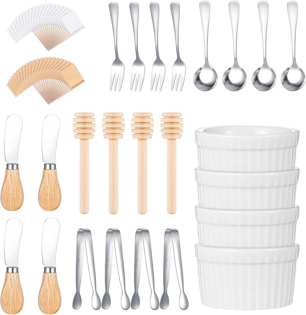 44Pcs Charcuterie Board Accessories Stainless Steel Cheese Spreader Knives Set, Mini Serving Spoons, Blank Toothpick Flags, Bowl for Christmas Pastry Making, forks and Mini Serving Tongs