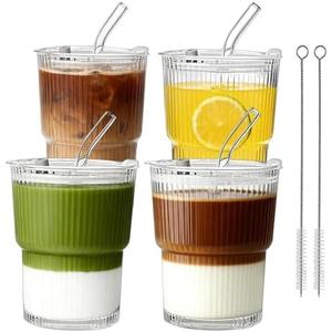 Glenkach Ribbed Glass Tumbler with Lid and Straws, Resuable Ice Coffee Cups, To Go Iced Coffee Cups for Water, Smoothie, Matcha, Iced Tea Fruit Juice, Clear, 13oz, Set of 4