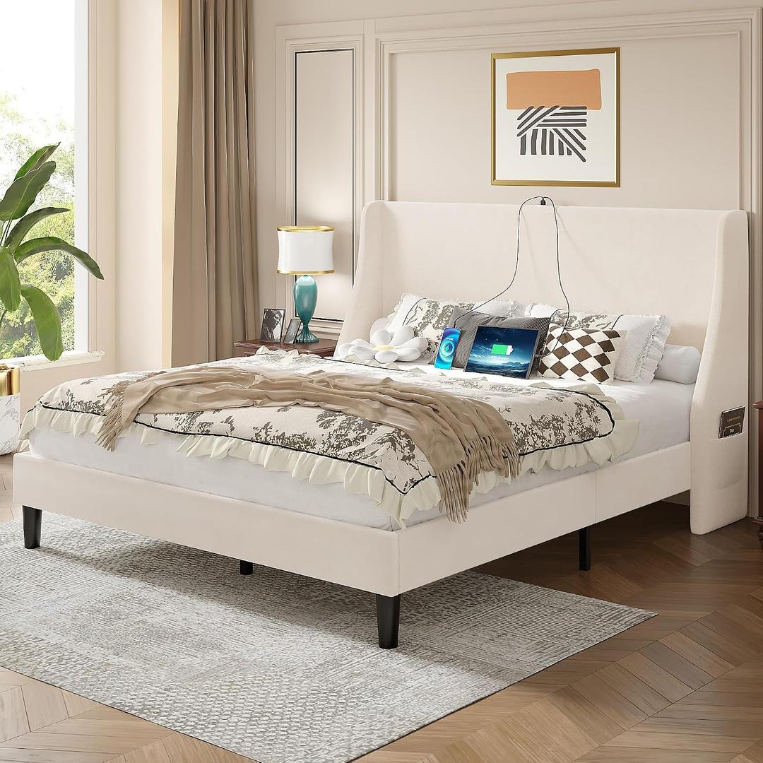 VECELO Queen Bed Frame with Upholstered Wingback Headboard, Heavy-Duty Platform Bedframe with Charging Station, Wooden Slats, No Box Spring Needed, Beige
