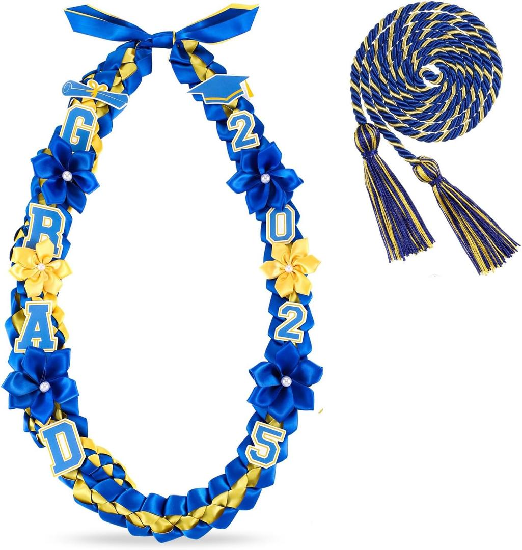 Graduation Ribbon Lei Class of 2025 Grad Lei Kit Graduation Double Braided Necklace with Honor Cord for Graduate Women Men High School College Grad Party Supplies(Blue, Gold)