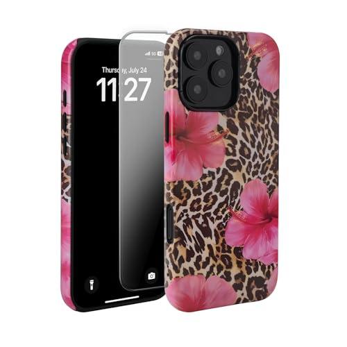 Vamlo Compatible with iPhone 15 Case, Cute Leopard Pink Hibiscus Tropical Floral Pattern Phone Case Protector Silicone Shockproof Protective Phone Cover for Women Girls
