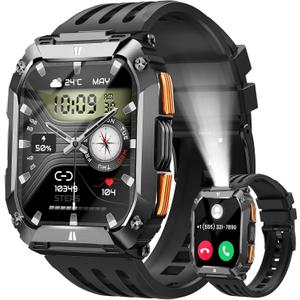 Smart Watches for Men Fitness Watch: 100 Days Battery Life/Call/Answer 1.95'' Mens Military Smart Watch for Android & iPhone, Fitness Tracker with Flashlight/Heart Rate Sleep Monitor/100+ Sport Modes, Black 